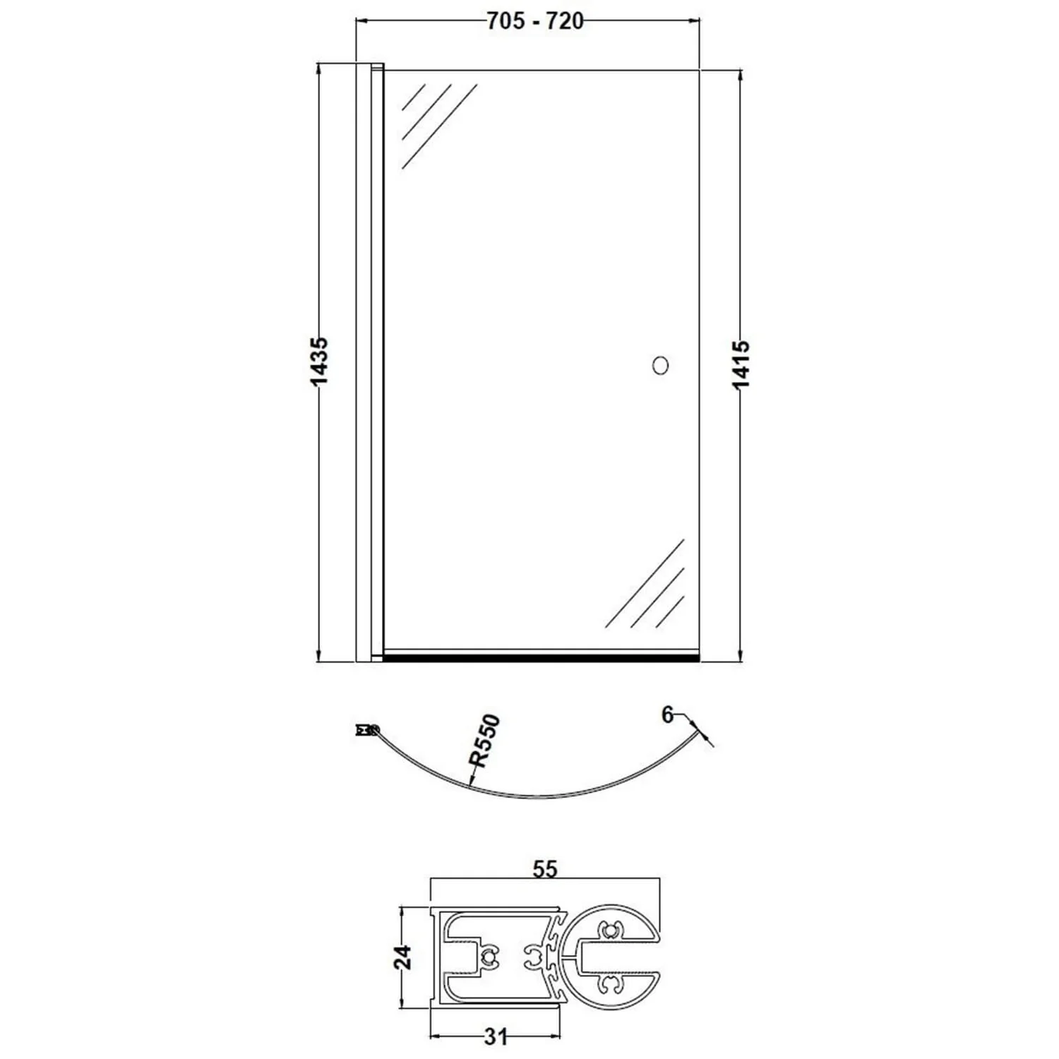Balterley Curved P-Bath Screen With Knob - 6mm 4 Balterley Curved P-Bath Screen With Knob - 6mm - Image 2