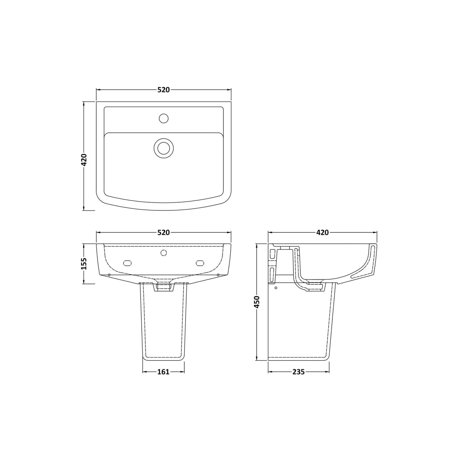 Balterley Optic 1 Tap Hole Basin And Semi Pedestal - 520mm 4 Balterley Optic 1 Tap Hole Basin And Semi Pedestal - 520mm - Image 2