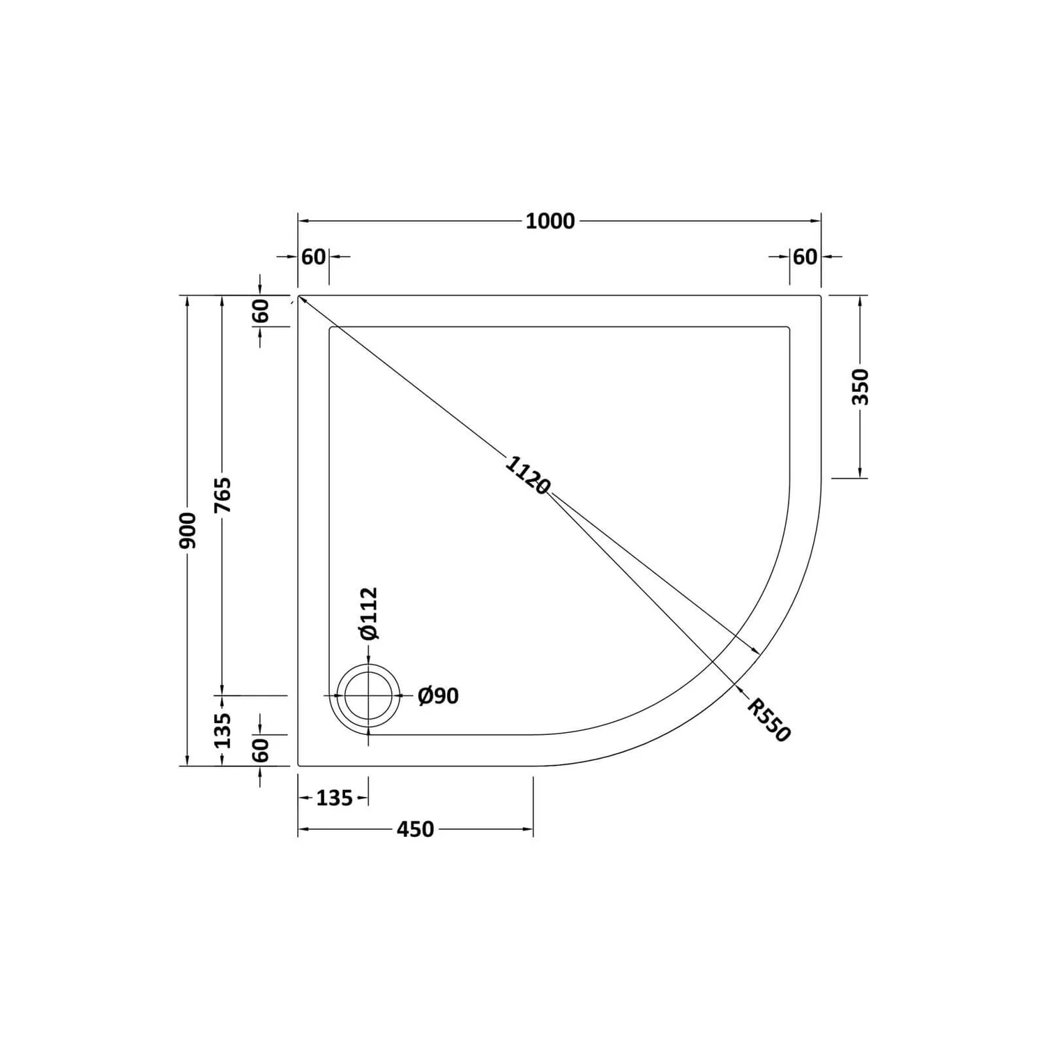 Balterley Right Hand Offset Quadrant Shower Tray - 1000 X 900mm 4 Balterley Right Hand Offset Quadrant Shower Tray - 1000 X 900mm - Image 2