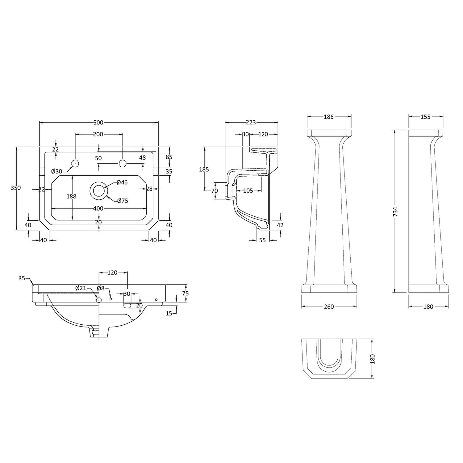 Balterley Harrington Comfort Height 2 Tap Hole Basin Pedestal - 500mm 4 Balterley Harrington Comfort Height 2 Tap Hole Basin Pedestal - 500mm - Image 2