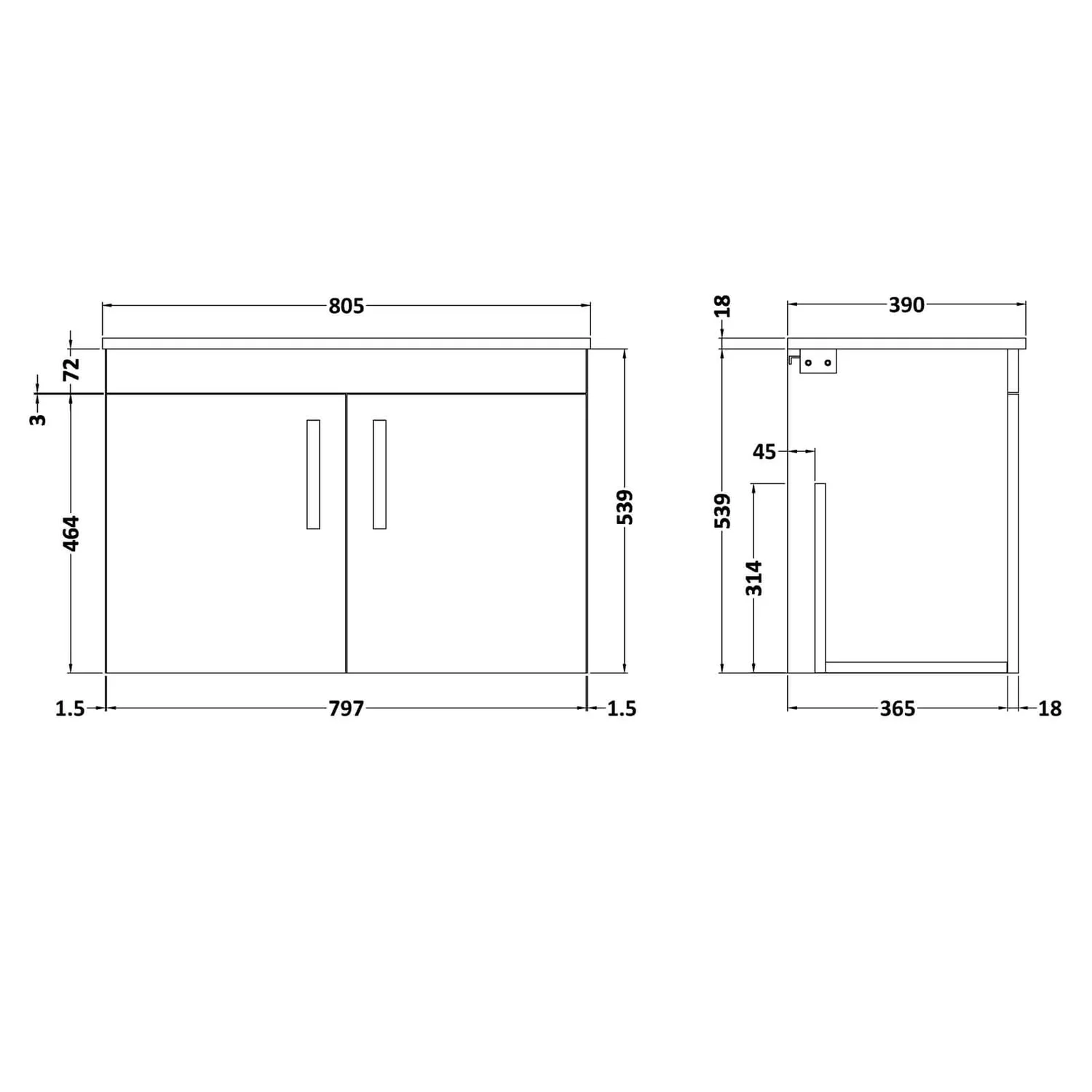 Balterley Rio 800mm Wall Hung 2 Door Vanity With Worktop - Brown Grey Avola 4 Balterley Rio 800mm Wall Hung 2 Door Vanity With Worktop - Brown Grey Avola - Image 2