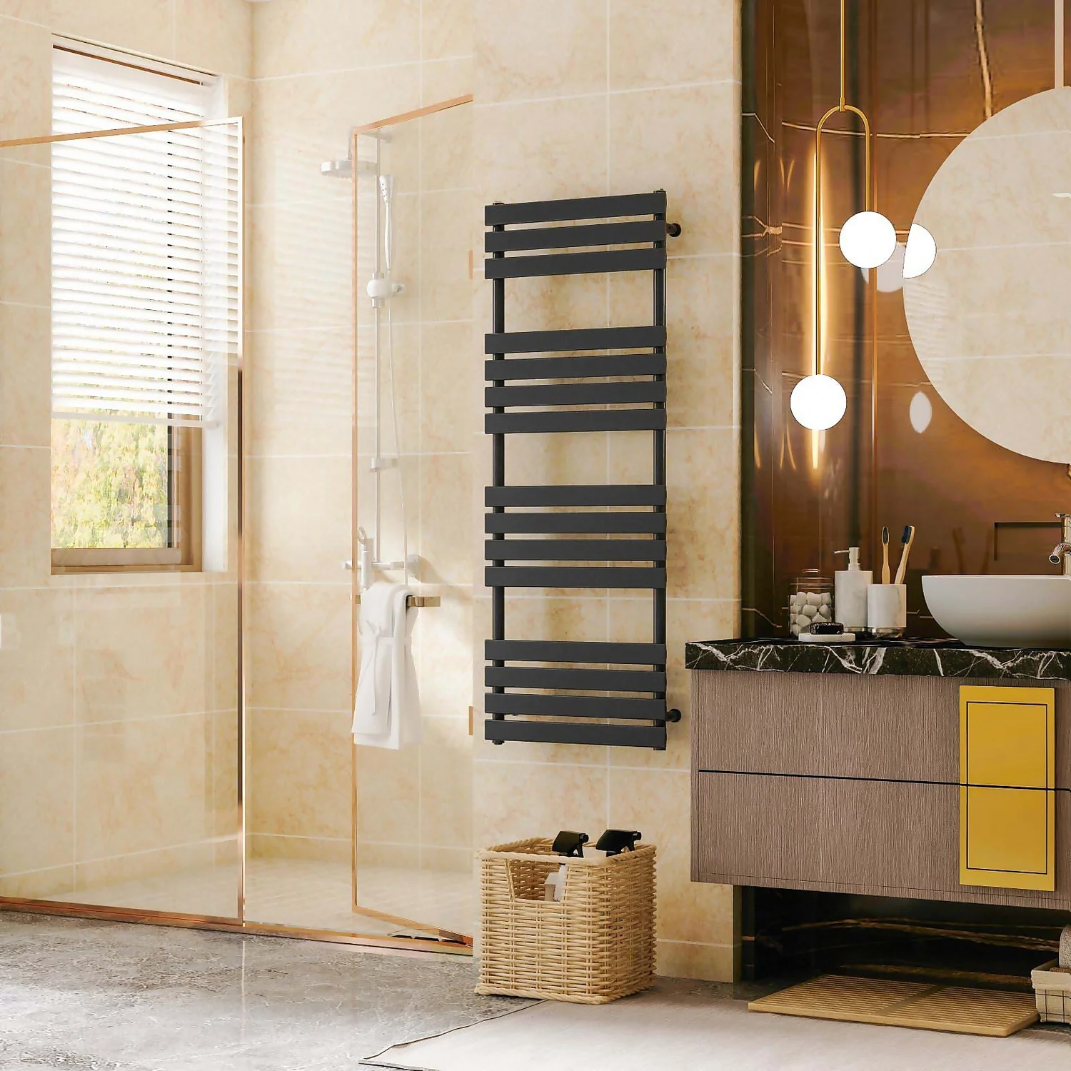 VURTU4 Luxury Designer Heated Towel Rail Radiator With 15 Horizontal Flat Bars 1600mm X 600mm - Black 7 VURTU4 Luxury Designer Heated Towel Rail Radiator With 15 Horizontal Flat Bars 1600mm X 600mm - Black - Image 5