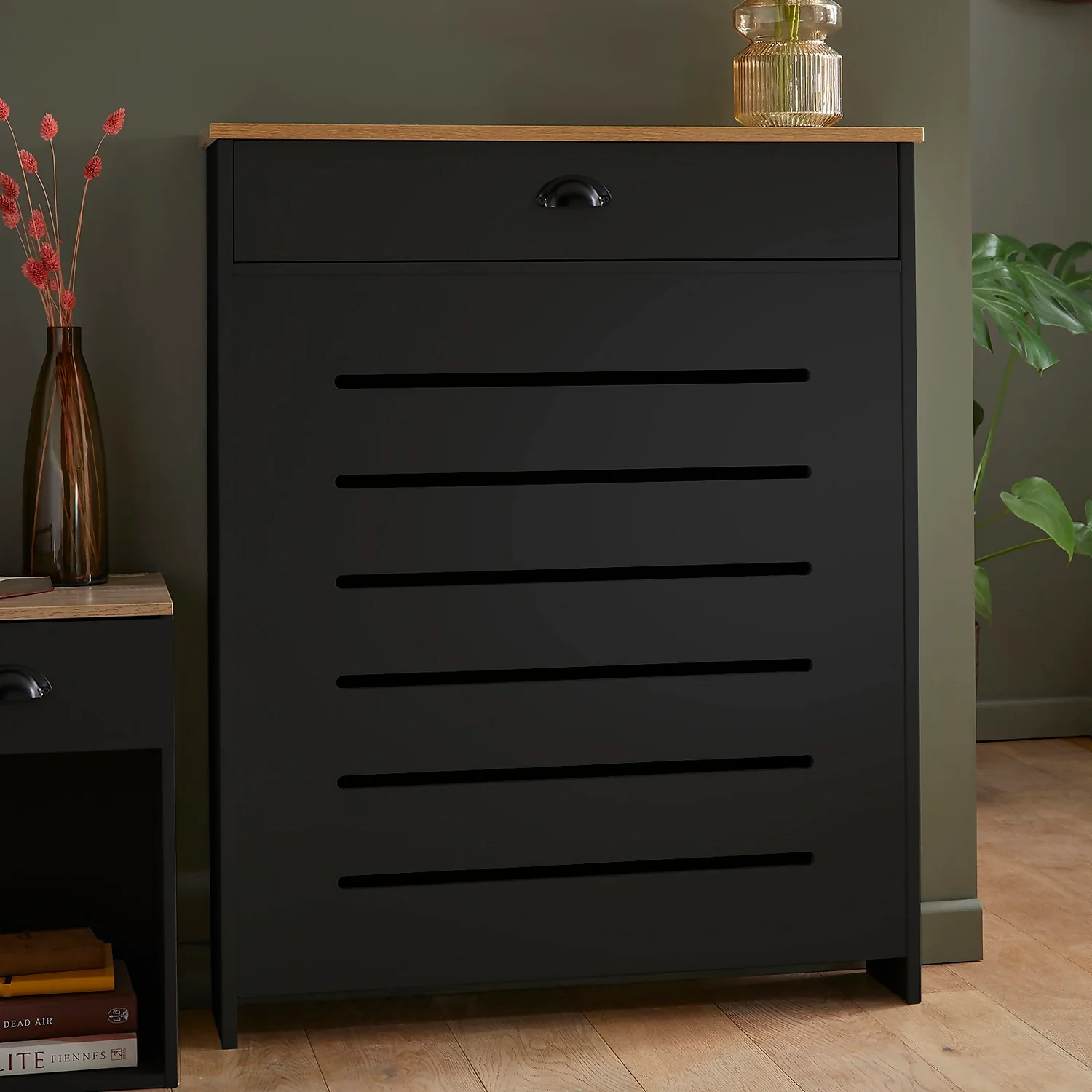 Barnford Small Radiator Cover With Drawer In Black & Oak Effect 4 Barnford Small Radiator Cover With Drawer In Black & Oak Effect - Image 2